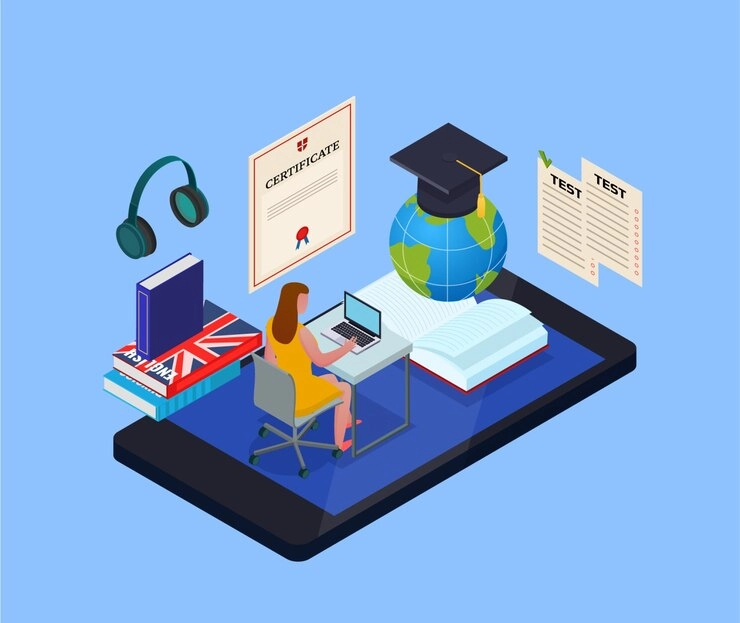 A infographic image showing test paper, books, a girl working on laptop and certificate