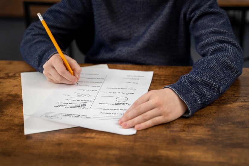 A MiM student sitting on a table and trying to solve a question